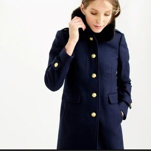 J. Crew Navy Melton Wool Coat with Removable Faux-Fur Collar and Gold Buttons